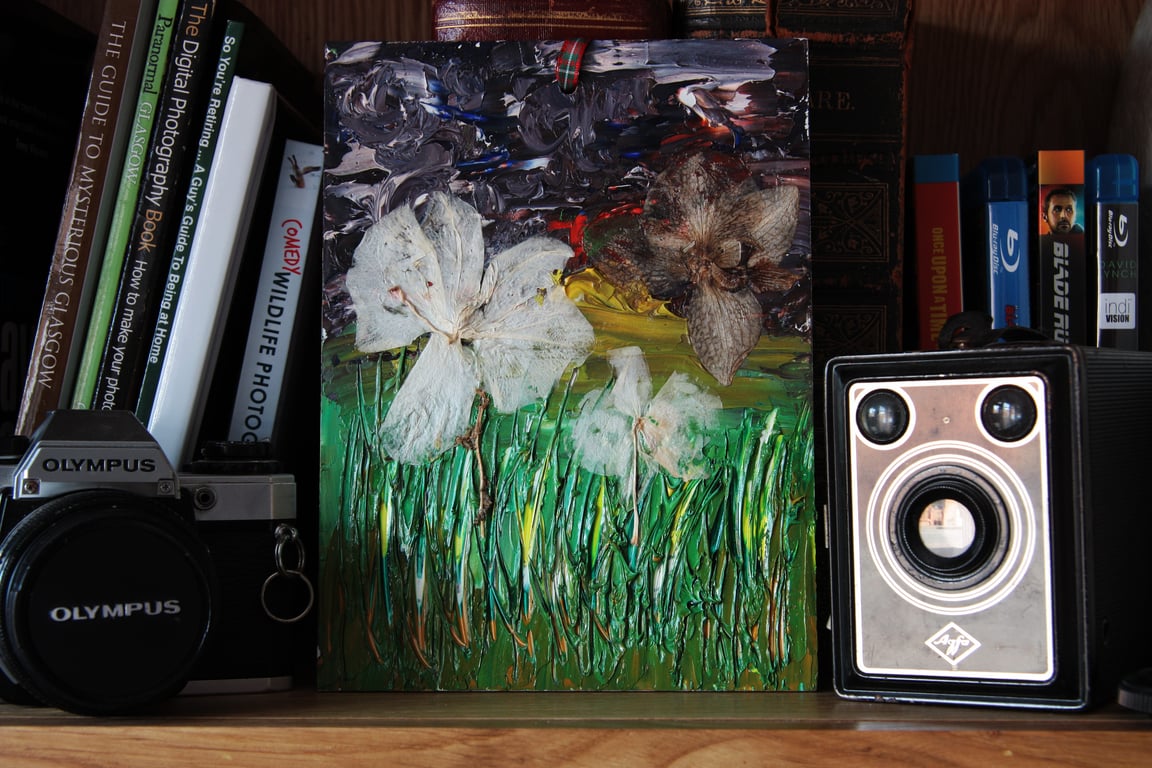 Botanical Mixed Media on 8 x 6inch art board oils and dried flowers.