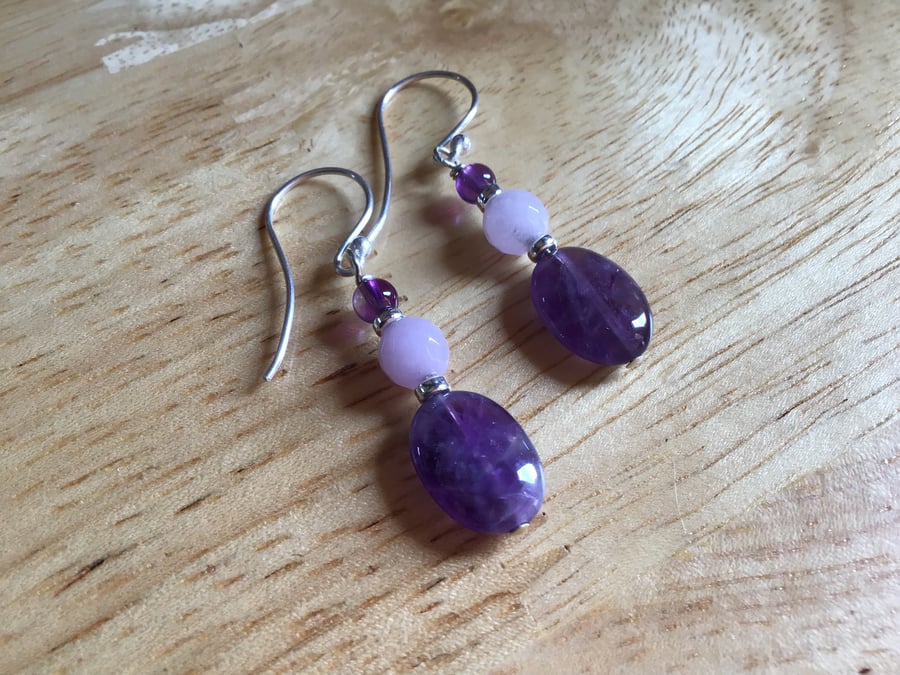 Purple Amethyst and faceted Lavender Jade Sterling silver long drop earrings 