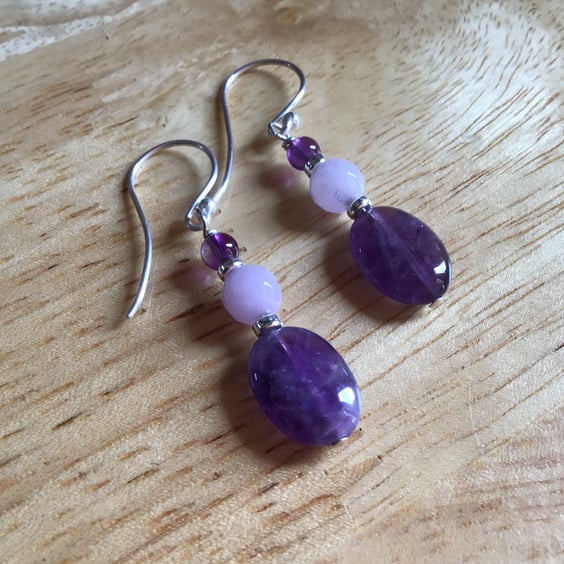 Purple Amethyst and faceted Lavender Jade Sterling silver long drop earrings 