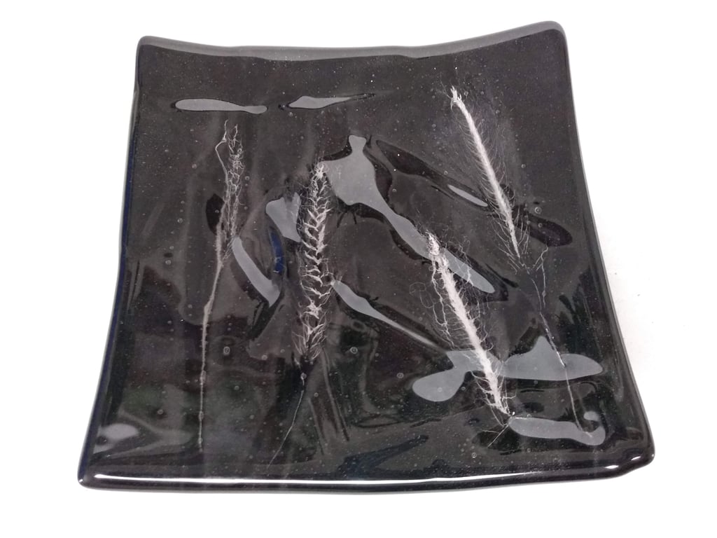 Ghost Grass Fused Glass Square Plate Black