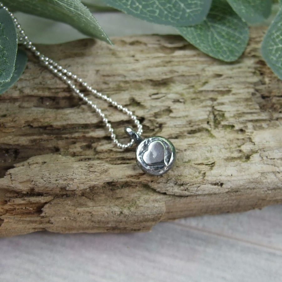 Silver Nugget with Heart Pendant, Recycled Silver Necklace