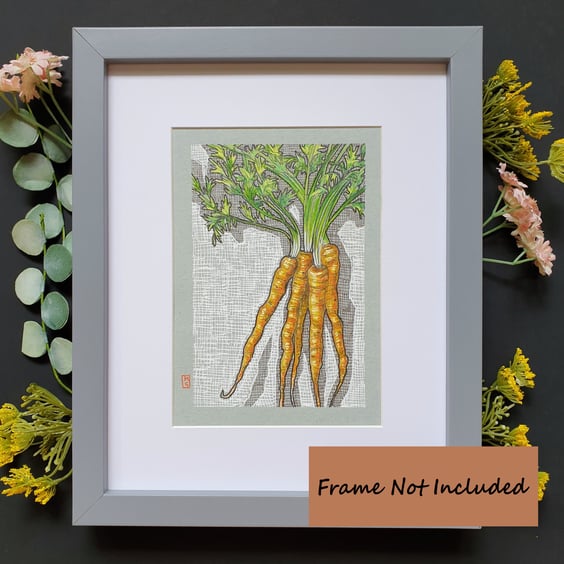 Carrot original wall art, vegetable drawing, small kitchen art