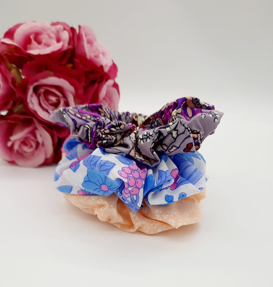 Bundle of 3 scrunchies,  peach, blue and purple.  