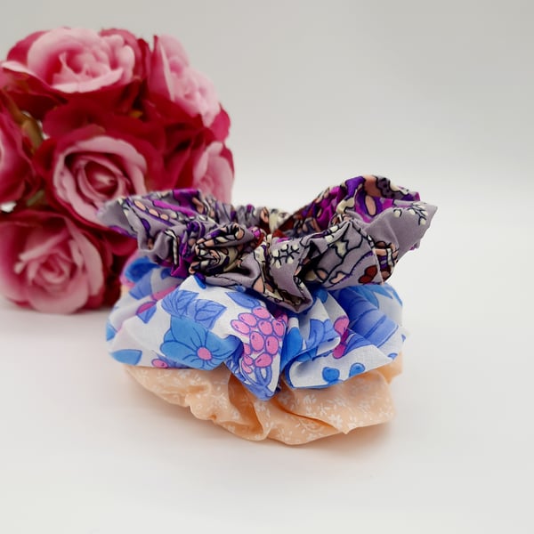 Bundle of 3 scrunchies,  peach, blue and purple.  