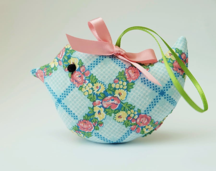 SALE Lavender Sachet Bird, Blue Flower Trellis Fabric Bird Decoration