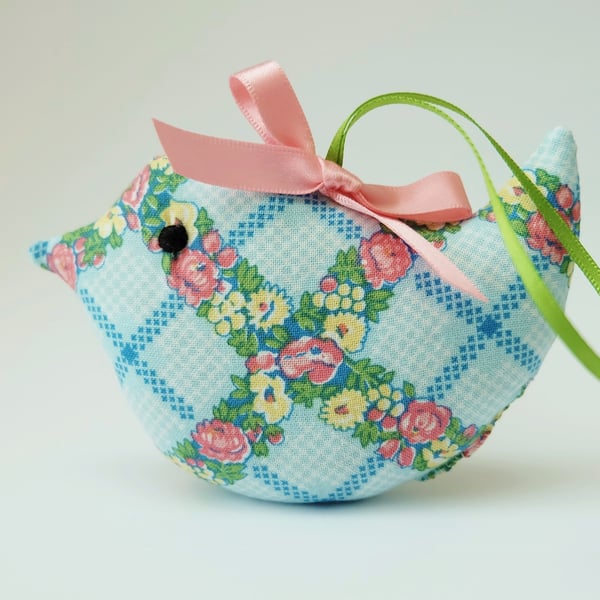 SALE Lavender Sachet Bird, Blue Flower Trellis Fabric Bird Decoration