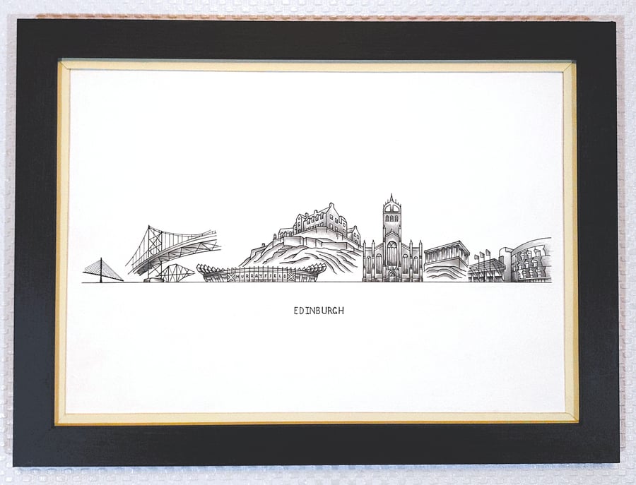 Edinburgh Cityscape Handmade Unique Framed A3 Print Vanilla Border Wallart Gift