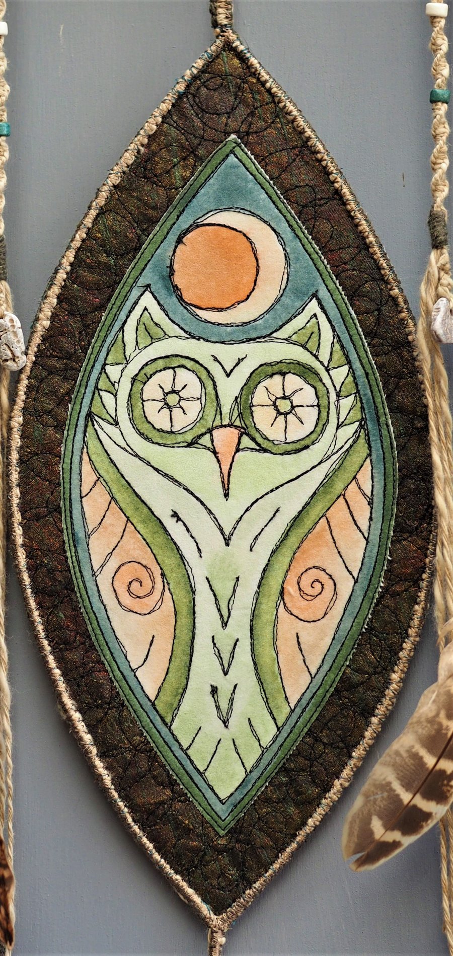 OTVM412 - Macrame Owl Totem - 70cmL x 32cmW total. Green - Natural - Orange