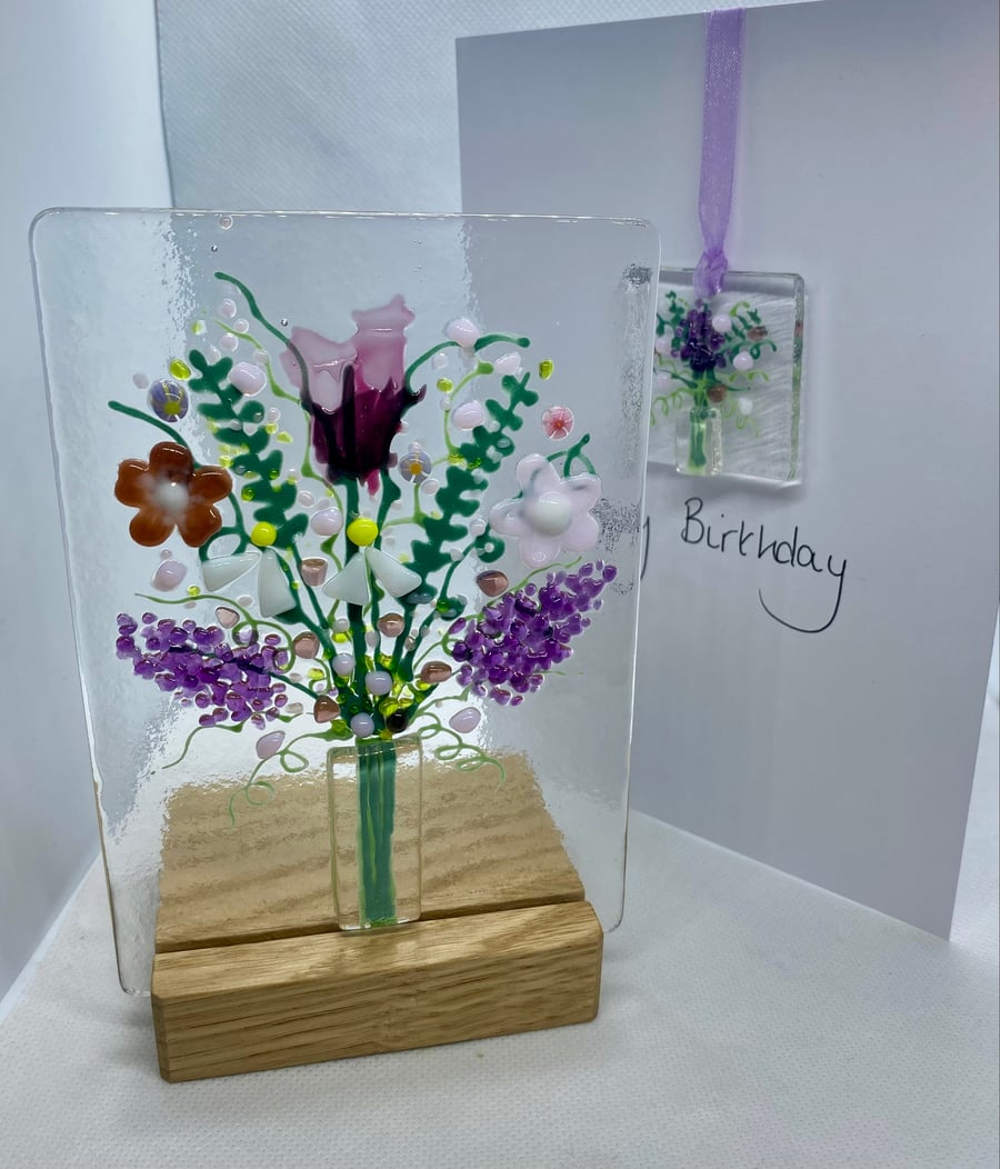 Beautiful handmade fused glass panel and wooden stand and optional matching card