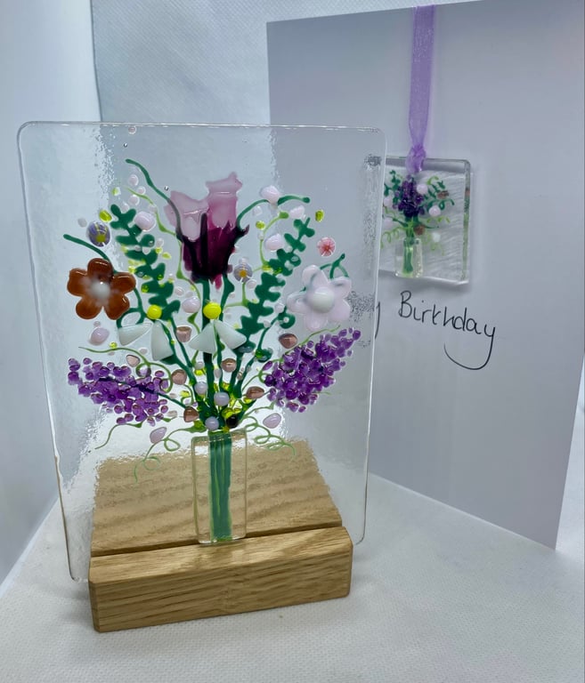 Beautiful handmade fused glass panel and wooden stand and optional matching card