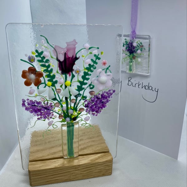 Beautiful handmade fused glass panel and wooden stand and optional matching card