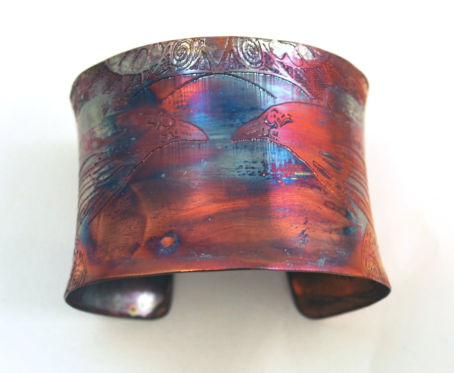 Etched Copper Cuff Bracelet - Raven design - large anticlastic cuff