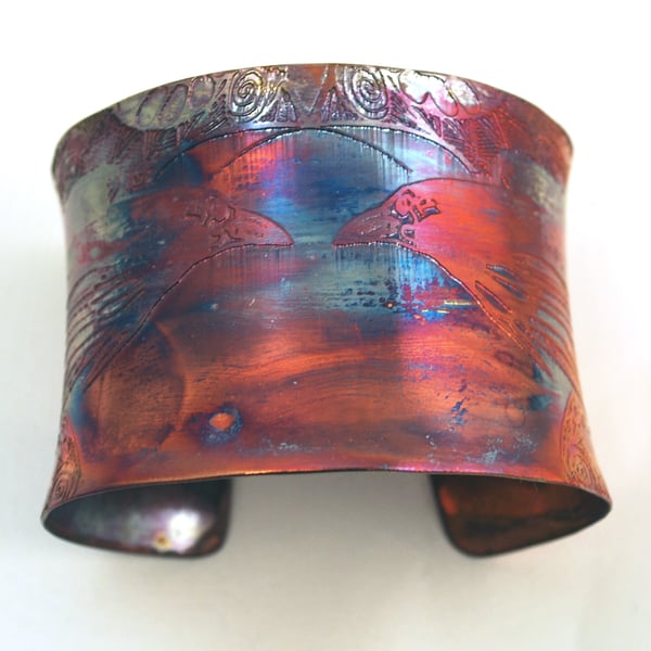 Etched Copper Cuff Bracelet - Raven design - large anticlastic cuff