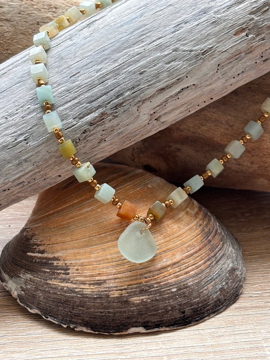 Necklace - Seaglass, Amazonite and seed beads Ref R12