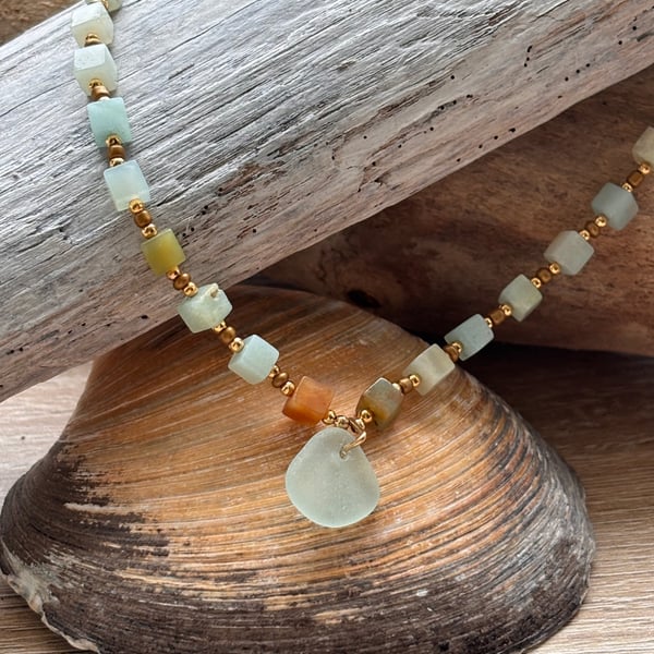 Necklace - Seaglass, Amazonite and seed beads Ref R12