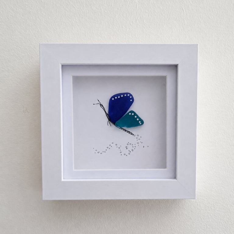 Blue Sea Glass Butterfly Wall Art - Handmade 10 x 10 cm Shadow Box Frame