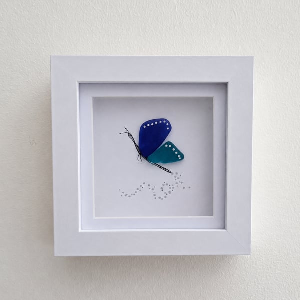 Blue Sea Glass Butterfly Wall Art - Handmade 10 x 10 cm Shadow Box Frame