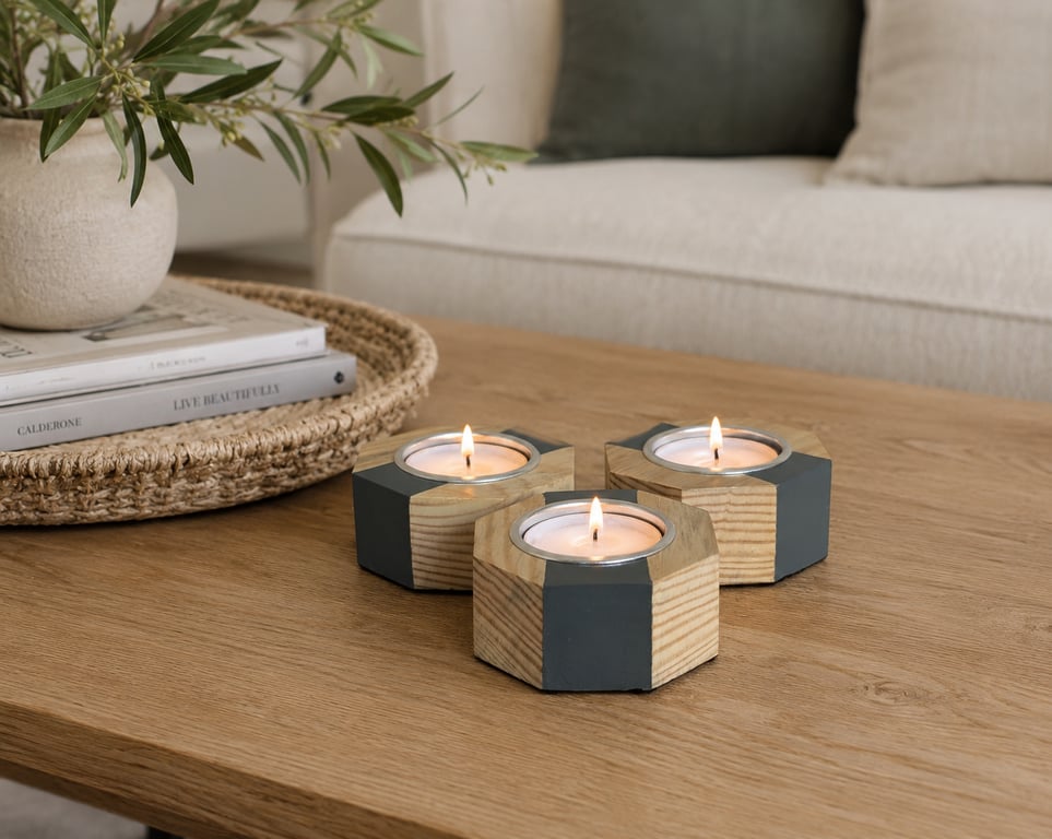 Handmade Wooden Candle Holder Set - Upcycled Tealight Set - Hague Blue Accent