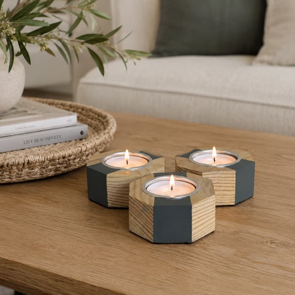 Handmade Wooden Candle Holder Set - Upcycled Tealight Set - Hague Blue Accent