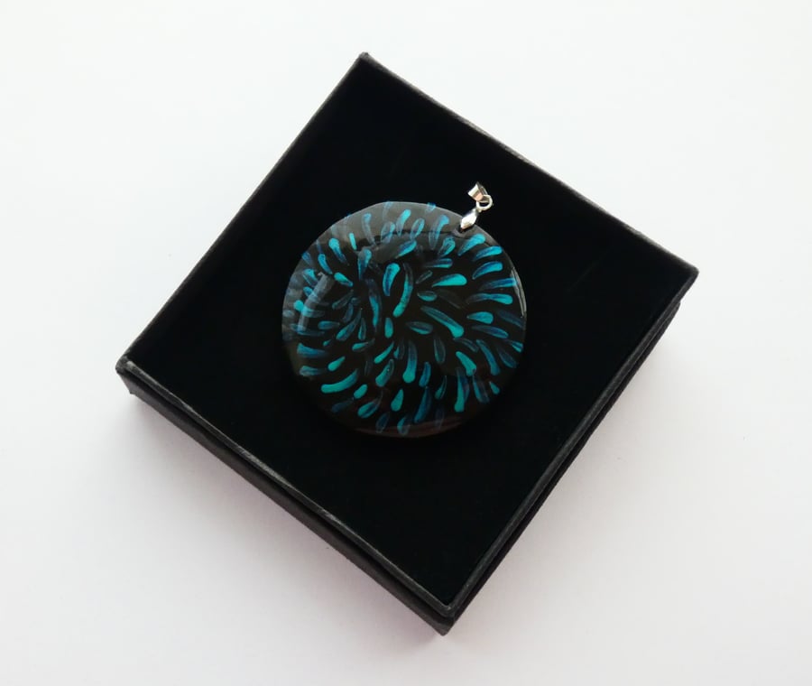 One of a kind Wooden Blue and Black Circle Pendant Necklace