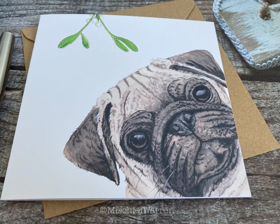 Pug Christmas Card.  Fawn Pug dog Christmas card.