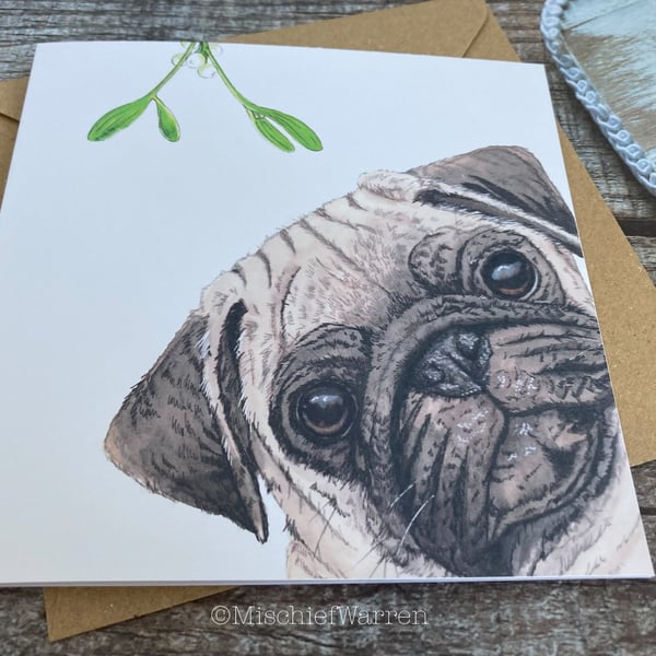 Pug Christmas Card.  Fawn Pug dog Christmas card.