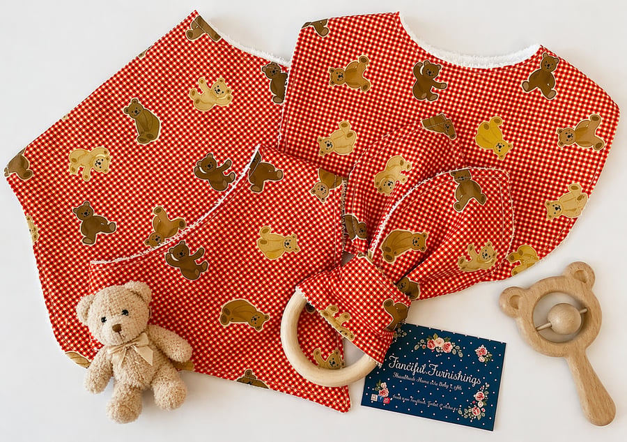 Four piece Gingham Teddy Bear baby set - Baby Gift Set - Baby Shower Gift