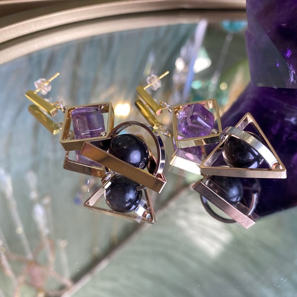 Amethyst Obsidian Geometric Two Tone Spinning Earrings