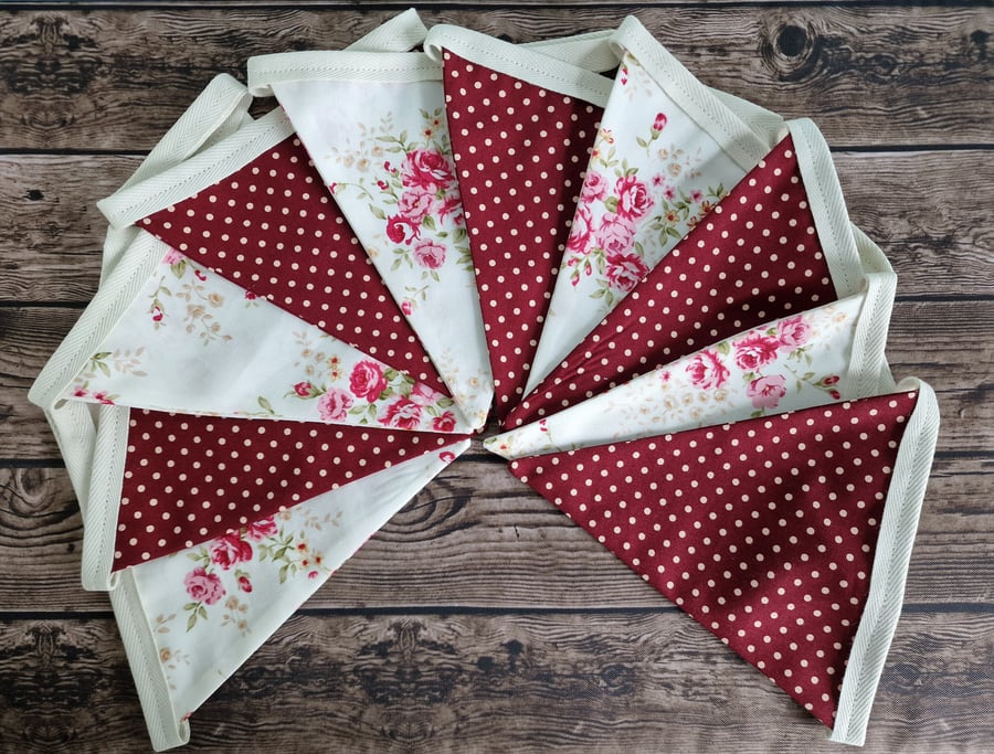 Vintage Style Roses & Burgundy Spotted Double Sided Handmade Fabric Bunting