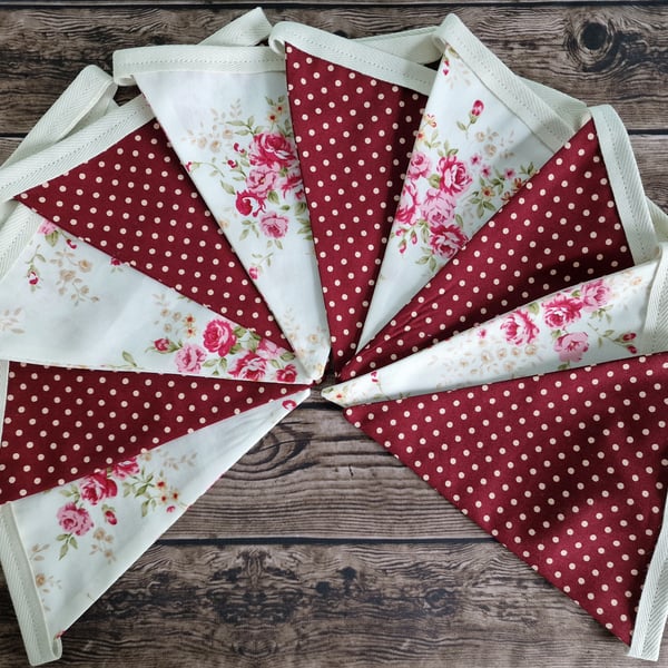 Vintage Style Roses & Burgundy Spotted Double Sided Handmade Fabric Bunting