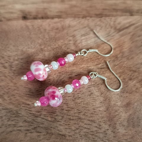 Pink Lampwork bead earrings on Sterling Silver