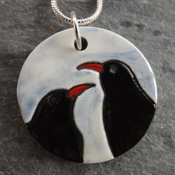 Handmade Ceramic Choughs pendant