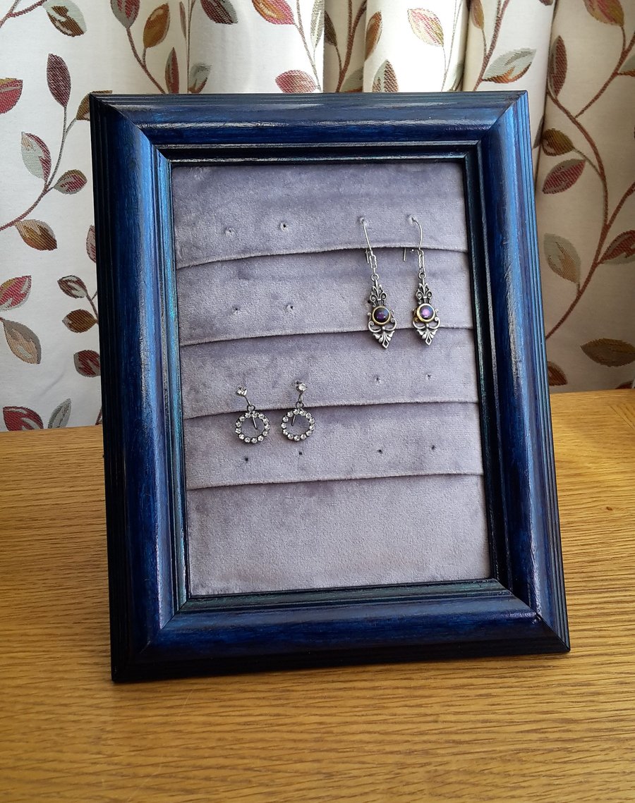 Upcycled picture frame earring holder, blue and silver-grey