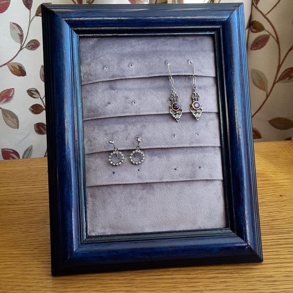 Upcycled picture frame earring holder, blue and silver-grey