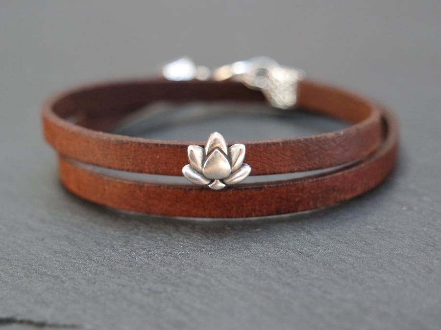 Leather wrap bracelet -lotus flower silver plated