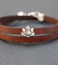 Leather wrap bracelet -lotus flower silver plated - Image 1