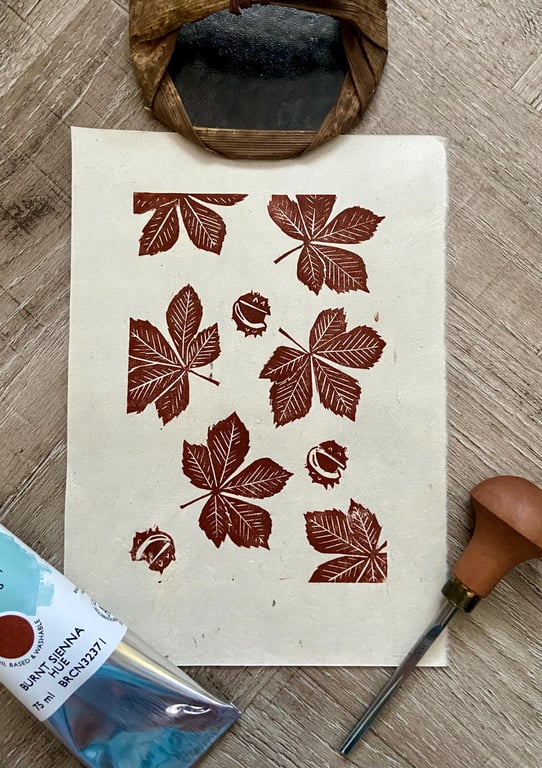 Hand Burnished Linoprint: Horse Chestnut Leaves, Autumn Wall Art