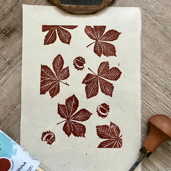 Hand Burnished Linoprint: Horse Chestnut Leaves, Autumn Wall Art