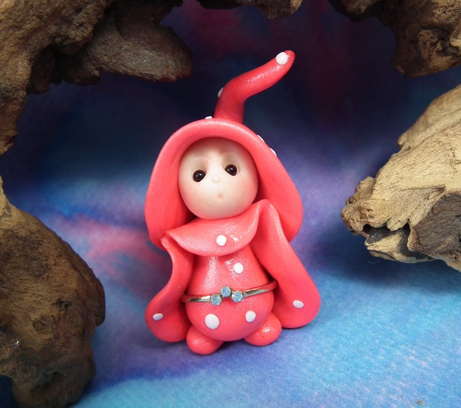 Tiny Toadstool Gnome with fly agaric robes 'Cerise' OOAK Sculpt by Ann Galvin