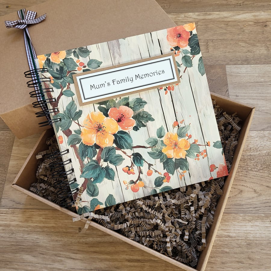 Handmade  Mum's family memories scrapbook in peach floral design
