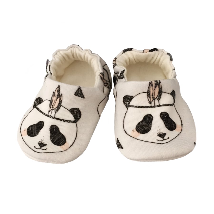 Baby Shoes Grey FEATHER PANDAS Organic Kids Slippers Pram Shoes - GIFT IDEA 0-9Y