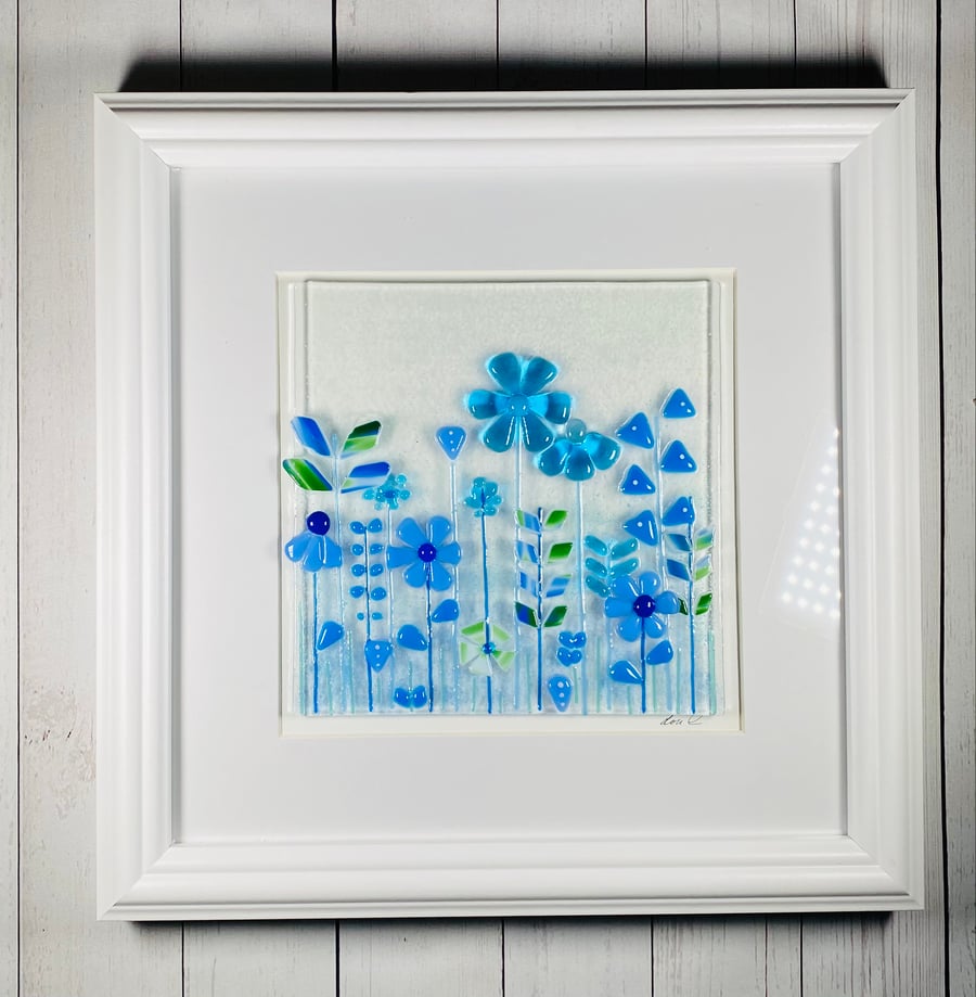 Fused glass blue flowers art
