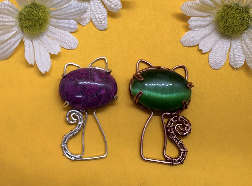 Antique copper and Semi-precious stone Cat pendants