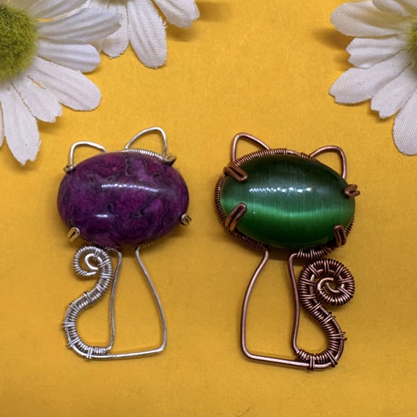 Antique copper and Semi-precious stone Cat pendants