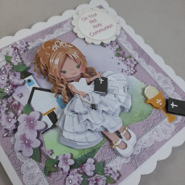 Handmade Decoupage, 3D, Holy Communion Card, Girl,  Dress,Personalise