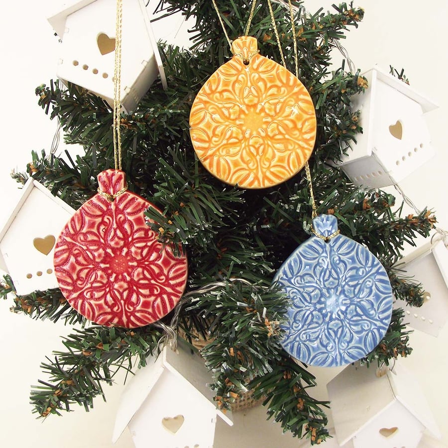 Christmas Baubles set of three pottery Bauble decorations Xmas decorations