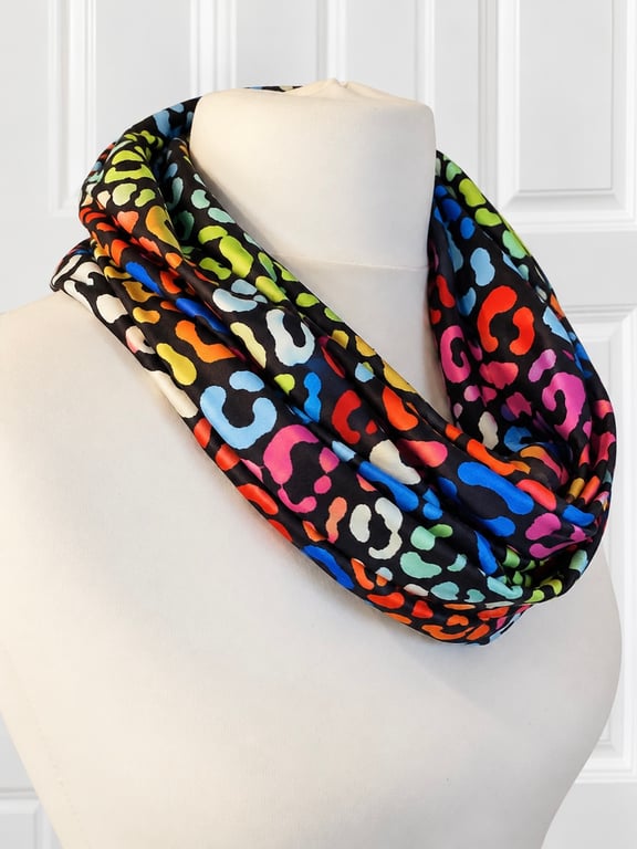 Beautiful Soft & Stretchy Faux Suede Infinity Scarf in Rainbow Animal Print