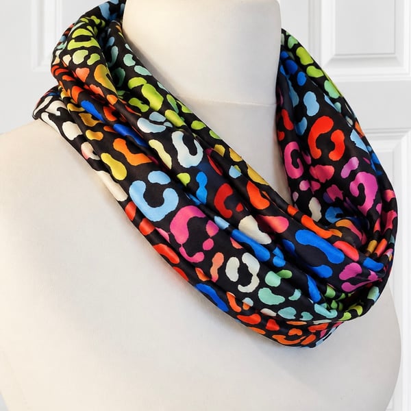 Beautiful Soft & Stretchy Faux Suede Infinity Scarf in Rainbow Animal Print
