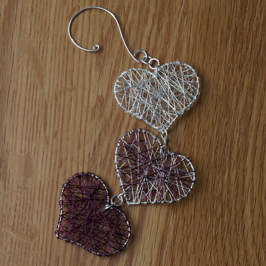 Chain of Wire Wrapped Hearts - Silver & Purple
