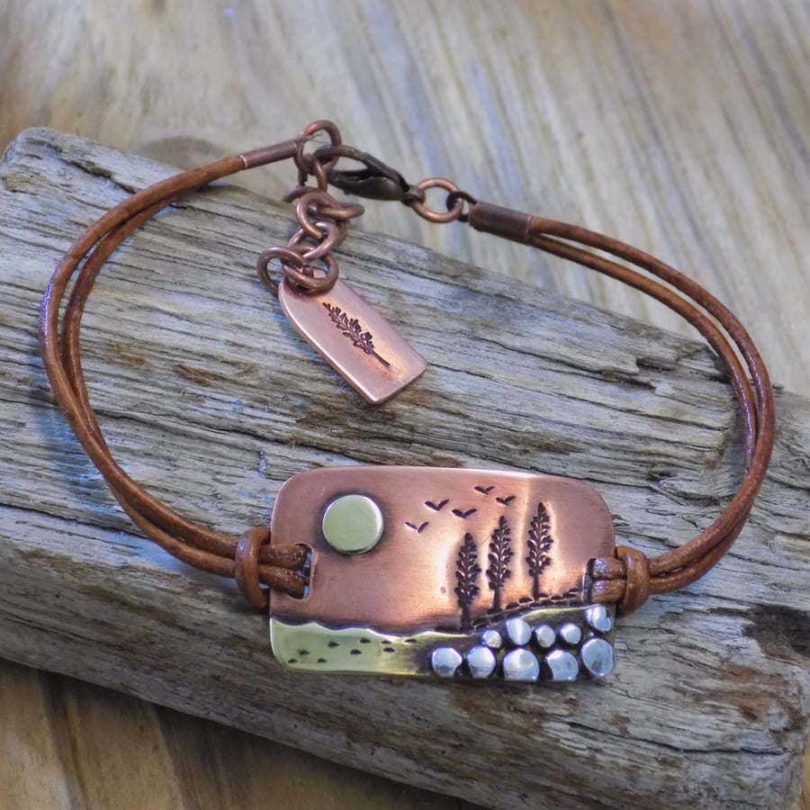 Copper, silver and brass 'treeline' sundown leather bracelet (oblong)